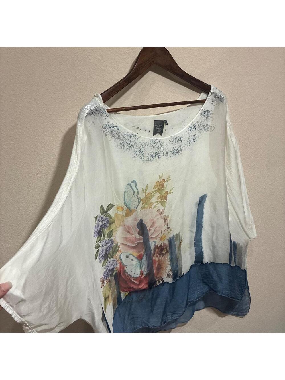 Moda Seta Italy Floral Butterfly Oversized Sheer Tunic Top Large